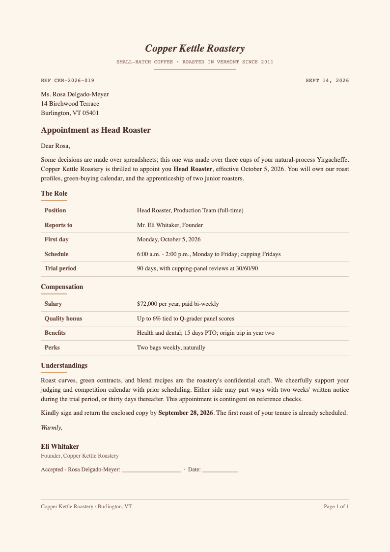 Artisanal warm appointment letter